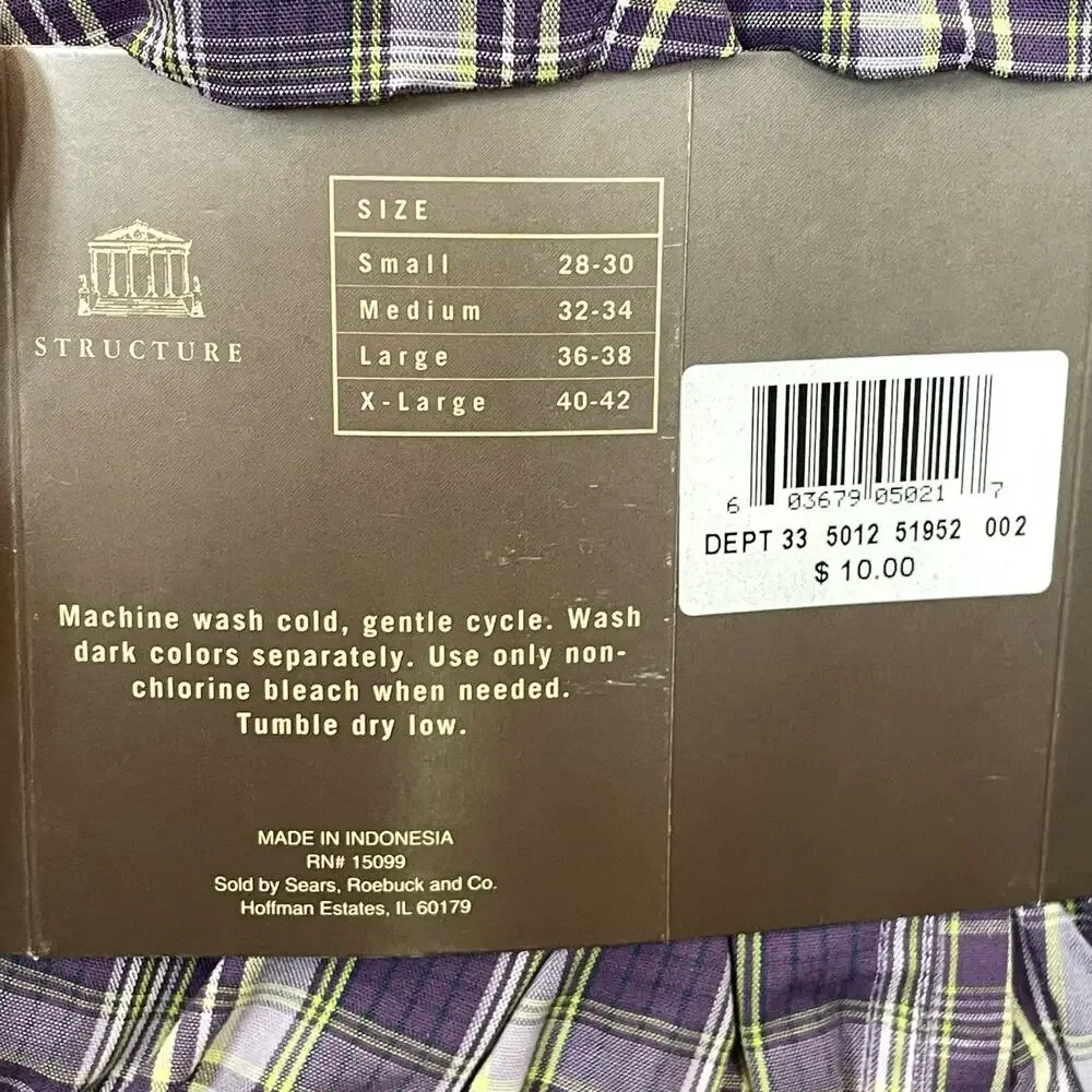 Vintage Structure Boxer Men Small 28/30 Cotton Woven Purple Plaid NOS Sears READ